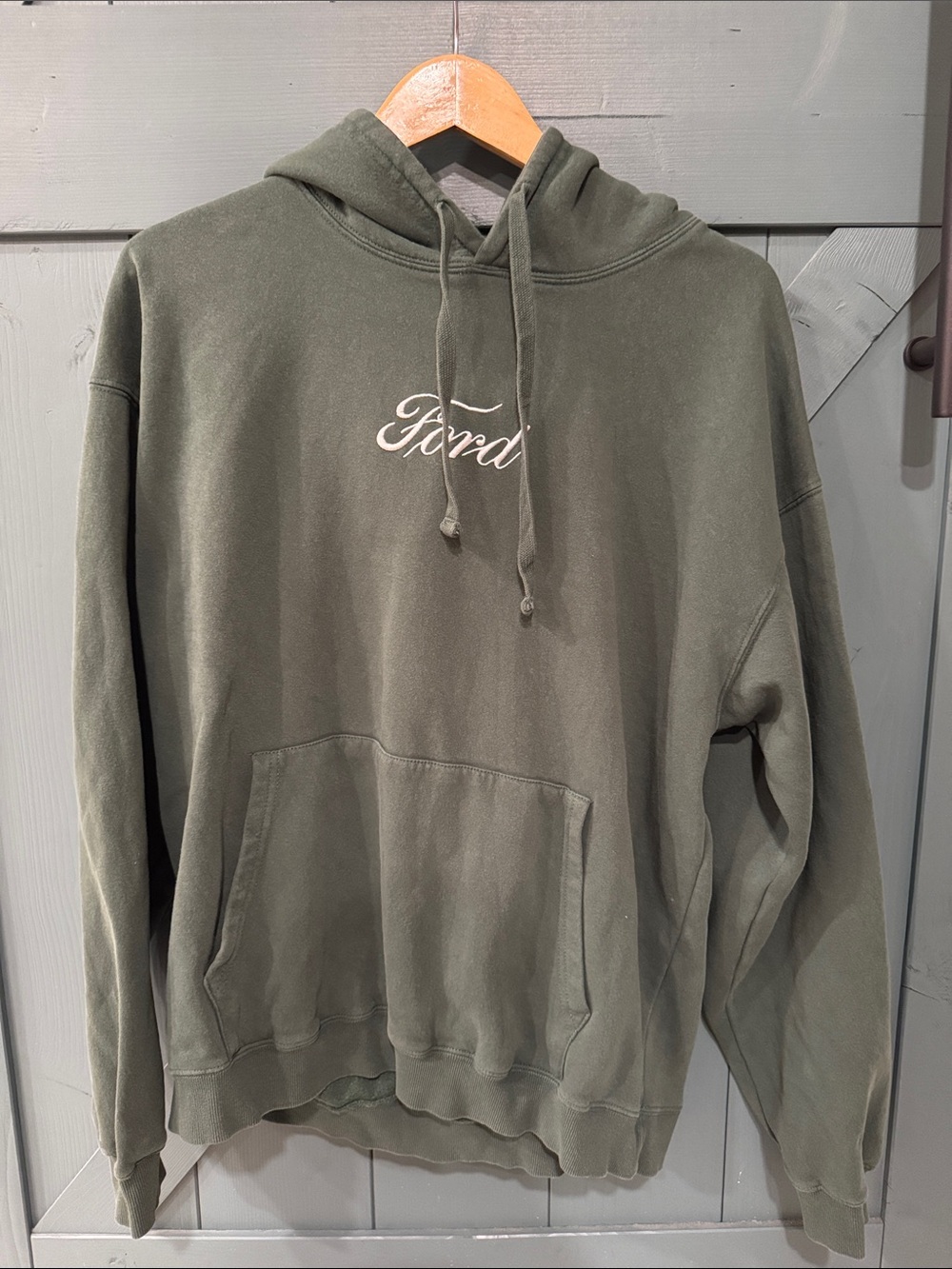 Vintage Inspired Ford Olive Crewneck Hoodie with White Script